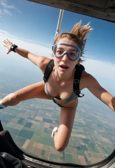 A Photograph of a 20yo beautiful girl with Grey eyes. Naked with sneakers. She ist skydiving. Jumping Out of an airplane. She wears a skydiving goggles.
