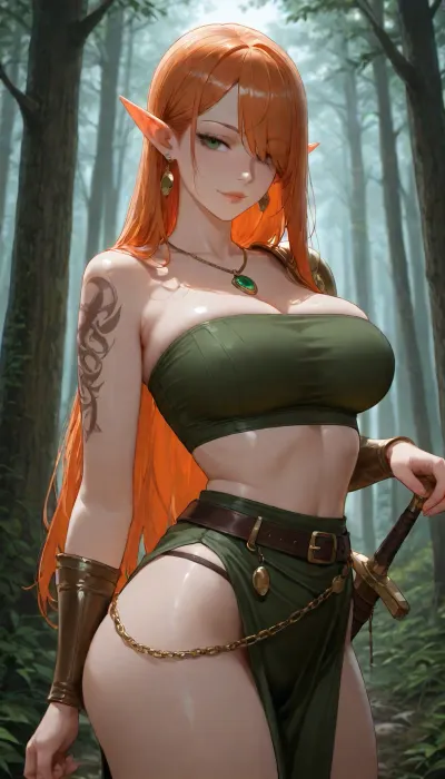 Masterpiece, 1girl, solo, 20 year old ginger girl standing in a forest, (seductive pose), (model pose), Wood elf, long orange straight hair with side-swept bangs covering one eye, big green eyes, detailed eyes, pale skin, wearing a olive green bandeau top, one shoulder pad, gold chain with pendant, gold earrings, black silk loncloth attached to a leather belt, sword, leather medieval bracers, shoulder tattooed, supermodel, face, big, lips, freckels, medieval dark fantasy atmosphere, cinematic lighting, best quality, high contrast