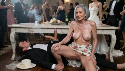 90 years old granny, most wrinkled body, most wrinkled pussy, most wrinkled face, (Mature woman, 90 years old. She has the skin of a 90-year-old woman. Her gray hair is cut in a bob. Her face changes with each shot., (Small, long, sagging breasts, (Highly detailed skin), detailed skin texture, aged and wrinkled body, sagging skin, small soft belly, and shaved pubic area. Gray hair cut in a bob., fat mother of the bride, (kneels under a table:1.6), (sitting astride a man lying down, fucking the cock of the young slim man:1.8), fully formally dressed man with big cock, both under the table, she wears an elegant floral dress outfit, her small sagging breasts hanging out and drooping down, her wedding hat lies on the floor, orgasmic smile, sweaty, brunette disheveled hair, (virginal sex cowgirl:1.8), ((woman sitting on top of the man:1.9)), (man looks like he is ejaculating:1.4), they hide under the table, a bride in wedding dress and several drunk party guests dancing in the blurred background, ballroom, shot from above, haze of cigar smoke in the air, filled with dust and smoke, cinematic moody lighting, tense but charismatic atmosphere, crowd, of, people, cloudy, smoke, atmospheric, clouds, fog))