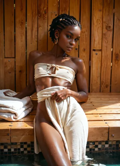 masterpiece, score_9, score_8, high defined details, more realistic, natural, solo, black african girl, flat chested, 20 years old, very tall, flat broad nose, lying in the sauna with a towel wrapped around the body