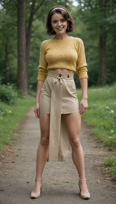 3897113, Mom, full body side view, fit cute, curvy, 40yo, Canadian, brunette, smiling, happy, exhausted, very attractive, look at the viewer, yellow wool jumper, beige heels, bob haircut, hairband, brown high waist skirt, ((standing, legs apart, skirt pulled up, waiting for intense vaginal penetration)), (natural hairy private part:1.5)