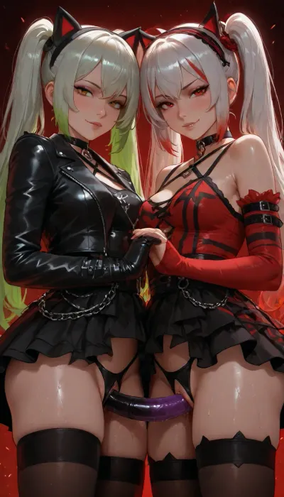 Different twins, both Woman in camera view, Photorealistic, highly detailed, a cute gothic girl with long twin tails, black and white split-dye hair with red glowing tips, red ribbon, black cat-ear headband with glowing red eyes and heart symbol, sharp green eyes, mischievous dominant smile, fair skin, wearing a red and black diamond-patterned top, black leather jacket, red arm warmers, black choker with chain, black skirt with red accents, black thigh-high stockings with red stripes and heart details, dark fiery red background with floating embers and hearts, dramatic lighting, cinematic, 8k, sharp focus, wet pussy, she is fucking second woman with giantstrap-on dildo, <lora:Buttplug__SDXL:.8>