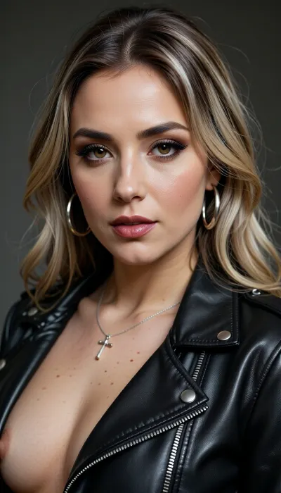 Professional studio bust portrait, photorealistic, high detail, 8K DSLR quality. Young curvy woman in early 30s, fair skin with subtle beauty marks on upper chest. Soft round face, light blushed cheeks, large warm hazel-brown eyes with winged black eyeliner, rich very dark brown and golden eyeshadow shades and long, defined, feathered false eyelashes, well-groomed dark arched eyebrows. Lined, full lips with glossy very dark red lipstick. Shoulder-length loose wavy multi-tonal blonde hair with honey and platinum highlights, soft center part, face-framing layers. Large silver hooped earrings. A subtle silver necklace with a delicate silver cross. Wearing a sleek black leather biker jacket with silver snap buttons and silver zippers, partially unzipped at the neckline. Direct confident gaze toward camera, calm expression. Soft studio lighting from front with gentle fill, subtle natural shadows, matte dark charcoal gray plain background, balanced warm color tones, realistic skin texture, sharp focus on face and eyes, crisp leather detail, elegant bold mood.