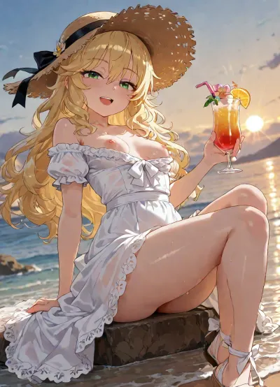 (Wide-angle photography:1.6), (Effortless pose:1.2), (sexy pose:1.2), (Loli_girl:1.3), (Smile with an open mouth:1.2), (expose breasts:1.2), (Pulling down her shirt, revealing pink nipples:1), character, sakurai_momoka.The, (petite:1.6), (curvy:1), sakurai_momoka, with short curly blonde hair, a ruffled headband, and beautiful green eyes and, (C-cup breasts:1), She is with a ribbon-tied straw hat on her head and nude off-shoulder lace maxi dress, puff sheer sleeves, 3D hollow floral lace, ruched waist, high-slit translucent gauze skirt, Leg details, the black little bow on the dress, delicate and elegant.Her skirt fluttered gently in the sea breeze.The girl walked barefoot on the sandy beach.Her feet were softly wrapped in fine golden sand.Facing the wind, she softly closed her eyes.The waves quietly brushed against her ankles.Her hair danced freely in the wind.Her smile was brighter than the sun.Holding a tropical vacation drink, (Hyper-realisti csetting:1.2), The atmosphere is defined by a, (sunset glow:1), filtering through the surface, rendered in a glossy, glass-like anime aesthetic with brilliant lighting and a shimmering color palette., secluded, beach, wide, angle, portrait, <lora:荻pote_XL:1.5>, <lora:DetailedEyes_V3:1.3>, <lora:sakuraimomoka_animagine_v1:1.6>, <lora:LCMTurboMix_Euler_A_fix:.6>, <lora:XL_FD-SecludedBeach-R16:1.1>