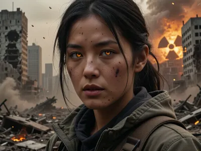 A photorealistic cinematic portrait of a young woman, a close-up, with sharp focus on her eyes, which glow from a high dose of radiation, barely noticeable traces of soot and dust on her skin, she is dressed in worn, practical survival gear. Against a dramatic backdrop lies a vast, ruined, post-apocalyptic city in the aftermath of a nuclear war, crumbling concrete skyscrapers, flames still burning in places, radioactive smog glowing orange and rising in the distance, ash falling from the sky, desolation and destruction, photorealistic cinematic lighting, ultra-detailed rendering