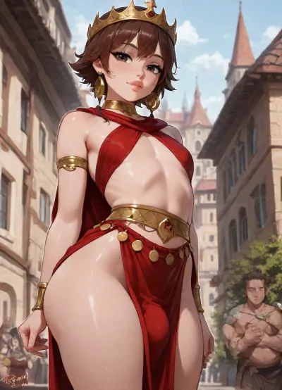 (((Style, vector art, 2d cel shaded, thick outline, jack cayless, personalami))), (1 roman Femboy), femboy, tiny flat chest, (beatiful face), cute, very beatiful, ((very short brown hair)), (brown eyes), big lips, thick lips, (roman red clothes), feminine crown, rich jewelry, chubby body, tiny waist, huge ass, fat thighs, (bulge cock), stand up, in a roman city, <lora:outline_xl_kohaku_delta_spv5x:1.9>