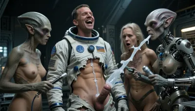(4K UHD ultra-detailed), high detailed, 8k, (photorealistic:1.7), (masterpiece, best quality, highres, photorealistic, ultra-detailed, cinematic lighting, sharp focus), 1/2 length view, high quality, best quality, realistic, photorealistic
Show a male astronaut. His uniform is torn. He has a small erect penis
Three old female aliens stand around the man. They look extraterrestrial, some have visible mechanical parts. They are holding medical instruments and intend to examine the astronaut's penis.
Then white transparent cum shoots out of the penis from bottom to top into the women's faces. The man laughs, the women are shocked.