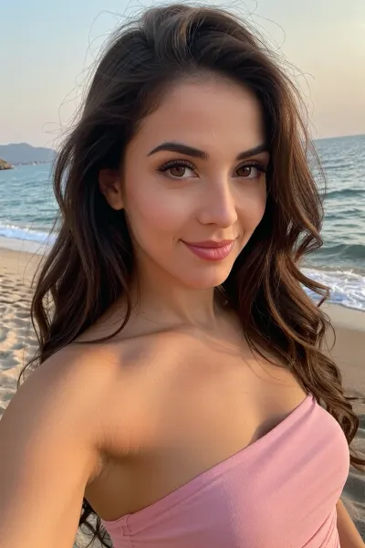 (27yo woman, Italian woman, elegant girl-next-door beauty:8), (soft flirty smile, flirty pose), (rich brunette hair, thick luxurious hair, long hair falling in soft waves, sensual hair), (deep olive skin tone, angular and regal chiseled facial structure), (huge expressive eyes, pale brown eyes, wide-set eyes:4), (stylish strapless rose-pink top), (flattering golden-hour panoramic selfie on a stunning Mediterranean beach:8), (layered composition with a sharp focus on her enchanting eyes), (rule-of-thirds framing, subject anchored to right side of shot with scenic view over her shoulder:2)
