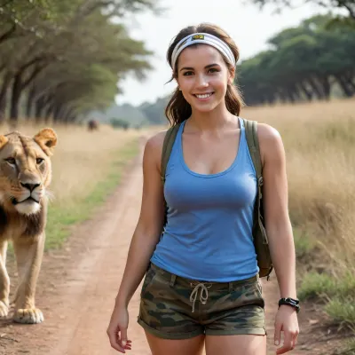 high definition, amateur photoshoot, epic details, high details textures, 25yo, brunette, white headband, natural body, realistic eyes, smile face, small noze, makeup, earings, meduim chested, large blue tank top, no bra, camo shorts, backpack, lions on background, african safari, sunlight