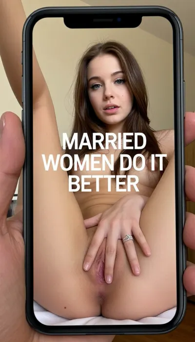Smartphone hold in hand. Background frame different of smartphone screen. Low angle View on the screen of an 20yo wife, french, freshwoman, wedding ring with a diamond on her ring finger, very cute face, (clear hazel slim long hair), very pale skin, very clear blue eyes, eyes wide open, subtile expression wrinkles, black mascara, black eyeliner, slim body, slim waist, fit thighs, naked, petite, laying down on a bed with legs spread open and legs Bent and knees to chest, gaping vagina, stretched vagina, wide pussy gaping, clearly visible cervix. She's spreading wide her pussy lips, shaved pussy. Tick White text on the center, "MARRIED WOMEN DO IT BETTER".