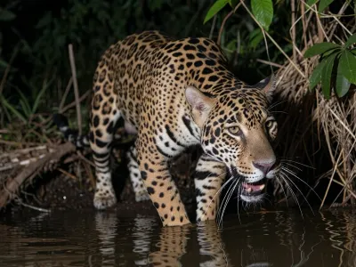 A giant Jaguar, strawling through the Jungle at night, a calm river flows beneath His Position, cinematic shot, dynamic lighting, 75mm, Technicolor, Panavision, cinemascope, sharp focus, fine details, 8k, HDR, realism, realistic, key visual, film still, cinematic color grading, depth of field.
