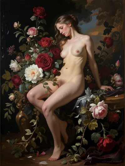 The sensual figure of a nude woman, gracefully intertwined with lush, sprawling Baroque floral arrangements of deep crimson roses, white peonies and cascading ivy. A rich oil painting style, dramatic chiaroscuro and tenebrism, a deep, dark background with warm highlights on the skin and petals. Style and technique, bold impasto brushstrokes, visible canvas texture, the techniques of the classical masters, the influence of Caravaggio and Rachel Ruys, a romantic and atmospheric mood.
