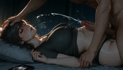 (((umikochannart art style:1.2))), Wide shot of an athletic 19 years old european beauty sleeping in a bed lying on her back, (at night:1.5), shirt pulled up to expose only one breast, amateur photograph, ultra detailed, intricate details, (photorealistic:1.5), 8k, UHD, mobile phone photo style, dim light, contrast, tack sharp, (masterpiece:1), perfect large tits, slim body, shirt, pale skin, freckles, panties pulled aside, a man is jerking off next to her, cum on tits, cumshot, (projectile cum:1.5), (ejaculation:1.5), Object, gd, erection, penis, one hand is lying on her chest, the other one beside her head, head tilted to the side, his hands on the dick, side view, flash photo, panties aside, eyes closed, cum on face, cum in eye, at night, large, breasts, big, boobs, huge, tits, titfuck, score_9, skin texture, Stable-Yogis-Makeup-Enhancer-XL, <lora:outline_xl_kohaku_delta_spv5x:1.5>, <lora:cfg_scale_boost:2>