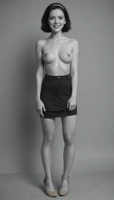 3897113, Mom, full body side view, fit cute, (black & white skin:1.1), 40yo, Canadian, brunette, smiling, happy, exhausted, very attractive, look at the viewer, topless, beige heels, bob haircut, hairband, brown high waist skirt, ((standing, legs apart, skirt pulled up, waiting for intense vaginal penetration)), (natural hairy private part:1.5)
