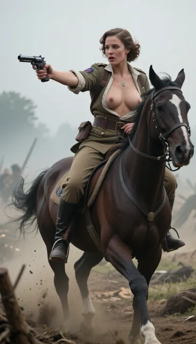 Uber realistic, action shot, 8k, ultra detailed, masterpiece, Beautiful 1920s french female cavalry soldier, mounted charging in across a battlefield, pistol drawn, (heavy fog:1.5), open shirt, cleavage, detailed face, detailed hair, detailed body, detailed breasts, detailed skin, High, Resolution, More, Details, 8K