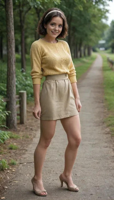 3897113, Mom, full body side view, fit cute, fat, 40yo, Canadian, brunette, smiling, happy, exhausted, very attractive, look at the viewer, yellow wool jumper, beige heels, bob haircut, hairband, brown high waist skirt, ((standing, legs apart, skirt pulled up, waiting for intense vaginal penetration)), (natural hairy private part:1.5)