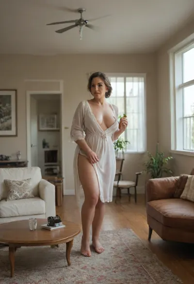2 Mature Men Seduce a Mature Housewife in Her Living Room, Full View