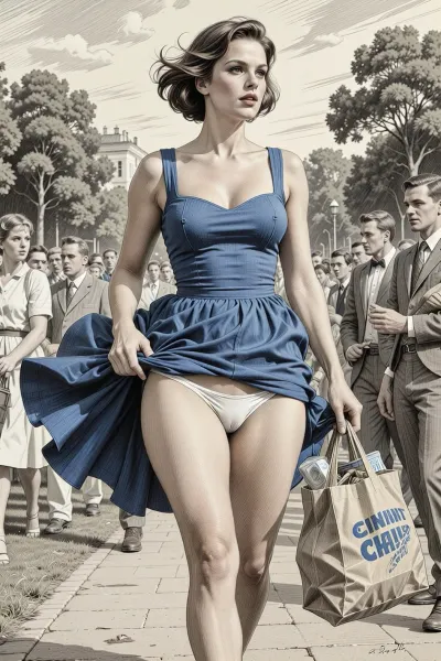 This is is a detailed monochromatic pencil drawing in a classical illustrative style depicts a scene set in USSR in 1960s, Russian, 1960s, strong wind, beautiful Russian short brown hair milf in pin-up style, mother with hourglass figure, (wide hips), she is walking in the park, a strong wind lifts the hems of her blue sundress, (her white panties are visible), a lot of people, seductive faces, The grocery bag in her hand, The overall mood is intense, rendered in fine, expressive line work and subtle shading, evoking the style of 1950s satirical or moralistic illustrations.