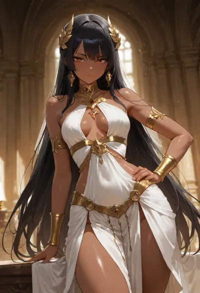 Masterpiece, best quality, ultra-detailed semi-realistic fantasy anime illustration, polished digital painting, delicate clean lineart, soft painterly cel shading, luminous colors, glossy highlights, warm cinematic lighting, sharp focus and professional finish.

A beautiful adult fantasy woman with deep warm brown skin, refined feminine features, half-lidded expressive eyes, long eyelashes, a small elegant nose, soft lips, subtle blush and a bratty, rebellious tsundere personality. She looks slightly moody, stubborn, prideful and teasing, with a faint pout and sharp gaze.

She is shorter in stature, with a slim but naturally soft feminine body, a narrow waist, balanced hips, graceful thighs, proportionate legs and small breasts. Her proportions must remain consistent, healthy and elegant, never extremely thin or overly voluptuous.

She has very long black hair reaching below the waist, slightly messy and tousled, with silky strands, natural volume, uneven bangs and soft face-framing locks.

She wears a simple but elegant white Greco-Roman goddess outfit, a one-shoulder draped top with gold trim, exposed midriff, a fitted gold underbust band, a short white pleated front skirt, an engraved asymmetrical gold waist piece, long sheer drapes at the sides and back, gold armbands, bracelets, a forearm bracer and delicate gold hip chains.

Every facial feature, hair strand, gold ornament, engraving, fabric fold and sheer drape must be clearly rendered. Soft golden light, subtle particles, luxurious fantasy temple atmosphere, cohesive character design and consistent outfit construction.