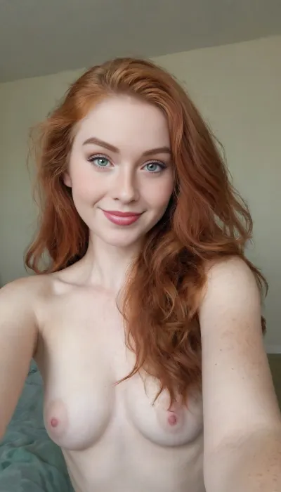 mirror selfie photo. one woman in photo.

adorable 20 year old ginger with long wavy messy hair, freckles, huge green eyes, smiling, taking selfie.

Bedroom, daytime, amateur photo