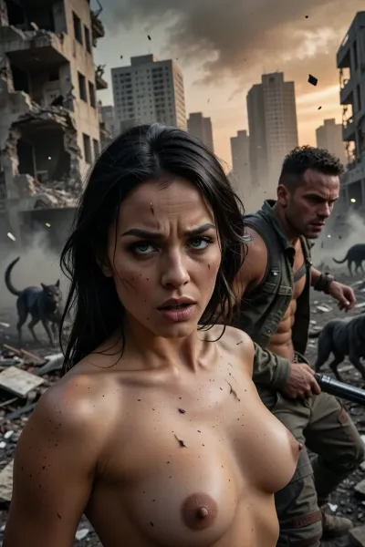 In the foreground is a close-up of a stoic, beautiful woman, her face streaked with dirt and sweat, radiating unbridled emotion—a mixture of utter horror and fierce resistance—her eyes wide open, fixed on the threat. Beside her, a tense man moves dynamically, shielding her with his weapon aimed at the enemy. They are running through the ruins of a devastated, ash-covered metropolis. In the background, shattered concrete skyscrapers pierce the toxic, smoke-filled orange-grey sky, whilst in the misty distance, amidst the rubble, dark silhouettes of grotesque, mutated, wolf-like monsters roam. Dust particles, flying ash and shards of glass are swept into the air by a powerful shockwave, with dramatic, high-contrast natural lighting, depth of field and ultra-high detail, (8K resolution), .