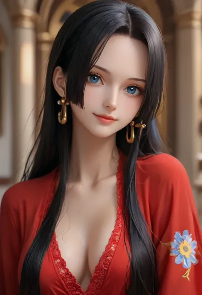 portrait of Boa Hancock from One Piece, tall woman, wearing a deep v-neck red top, (pale skin), ((tall adult large face)), ((black hair:1.5)), ((long hair), (straight hair:1.5)), side locks framing her face, blue eyes, gold earrings, (smile), (large high forehead), cute, small nose, athletic body, looking at viewer, half body view, front side view, (((focus on face))), <lora:Midjourney Image Enhancer XL v1:.6>, <lora:SDXLHighDetail_v6-000005:.4>, <lora:detailed_notrigger:.6>, <lora:attractive_notrigger:.6>