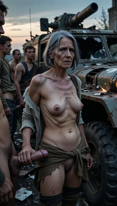 In a post-apocalyptic setting, a 70-year-old woman stands amidst a scene of decay, next to an armored vehicle from the Second World War, destroyed by bazooka blasts. Her torn clothes reveal her breasts and shaved pubic area. She wears a bob. Her hair is gray. She seems deeply affected by the scene unfolding before her., (Mature woman, 70 years old:1.8), . Her skin is that of a 70-year-old woman. Her gray hair is cut in a bob. Her face changes with each new frame., (Small, long, sagging breasts:1.8), ., (Highly detailed skin), detailed skin texture, aged and wrinkled body, sagging skin, sagging breasts, small soft belly, and shaved pubic area. Gray hair cut in a bob. Around her, men, also in rags, some with erections and others with flaccid penises, watch her masturbate. The atmosphere is rather dark and sad. The light is twilight.
