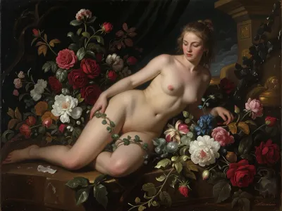 The sensual figure of a nude woman, gracefully intertwined with lush, sprawling Baroque floral arrangements of deep crimson roses, white peonies and cascading ivy. A rich oil painting style, dramatic chiaroscuro and tenebrism, a deep, dark background with warm highlights on the skin and petals. Style and technique, bold impasto brushstrokes, visible canvas texture, the techniques of the classical masters, the influence of Caravaggio and Rachel Ruys, a romantic and atmospheric mood.
