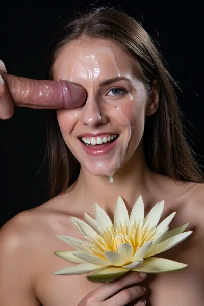 The image shows a close-up of a tall skinny woman with long brown hair, Her eyes are open, and her lips are stretched into a wide smile. The woman's face is covered in semen, which flows from her forehead and eyes down the bridge of her nose towards her lips.
In the upper left corner of the image, there is a hand holding an erect male полового органа, which is pointing towards the woman's face.
In the lower part of the image, the woman is holding a delicate yellow lotus flower with wide petals with both hands. The background of the image is completely black. The woman is depicted without clothes, with her shoulders and upper chest exposed.