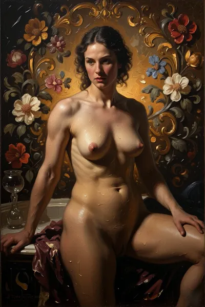 An oil painting in the High Baroque style, depicting a fully nude young woman with dark hair gathered in a loose bun. Her gaze is directed downwards, her expression is calm, pensive and slightly melancholic, and she stands with both hands resting on the bath behind her.
Behind her is a huge, sumptuous golden Baroque cartouche with lavish acanthus scrolls and symmetrical ornamentation, radiating a warm golden glow. To the left and right are large, realistic peonies with dense petals, painted with thick impasto brushstrokes.
The lighting consists of a powerful, warm, directional light coming from above and to the left, reminiscent of a large candle. It creates soft, three-dimensional, oily highlights on the dewy skin of the shoulders, chest, abdomen and thighs, as well as bright golden reflections on the ornamentation. The right side of the body is bathed in deep, warm shadows. The strong chiaroscuro effect contrasts the radiant gold with the dark background.
Painting style, classical European oil painting of the 17th–18th centuries, executed with modern academic precision. Characteristic brushwork, dense, rich, rounded brushstrokes on the gold ornamentation and flower petals, impasto of white and ochre on the droplets and highlights, soft glazes, smooth tonal transitions on the figure. A rich, deep colour palette, a sense of the paint’s density and materiality, a high degree of detail in the skin, water and metal. A museum-quality masterpiece of oil painting with the highest level of detail.