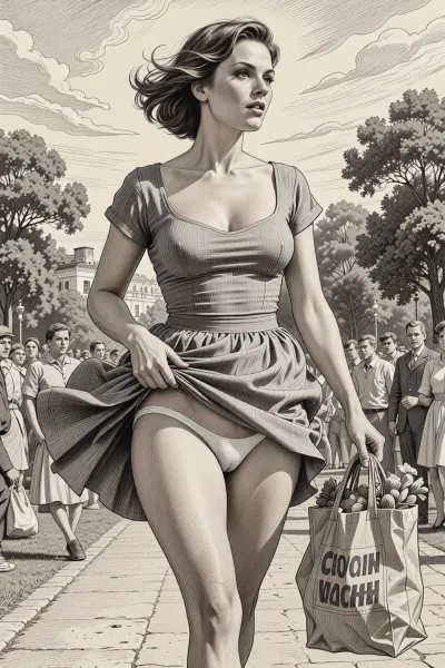 This is is a detailed monochromatic pencil drawing in a classical illustrative style depicts a scene set in USSR in 1960s, Russian, 1960s, strong wind, beautiful Russian short brown hair milf in pin-up style, mother with hourglass figure, (wide hips), she is walking in the park, a strong wind lifts the hems of her sundress, (her white panties are visible), a lot of people, seductive faces, The grocery bag in her hand, The overall mood is intense, rendered in fine, expressive line work and subtle shading, evoking the style of 1950s satirical or moralistic illustrations.