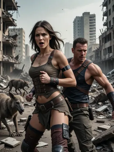 A A portrait of a beautiful woman with an expression of intense emotion on her face and a man — both in dynamic motion — set against the backdrop of a ruined city in the aftermath of the apocalypse, with the surrounding landscape and mutated animals roaming in the distance. Depth of field, high resolution, a masterpiece, 8K.