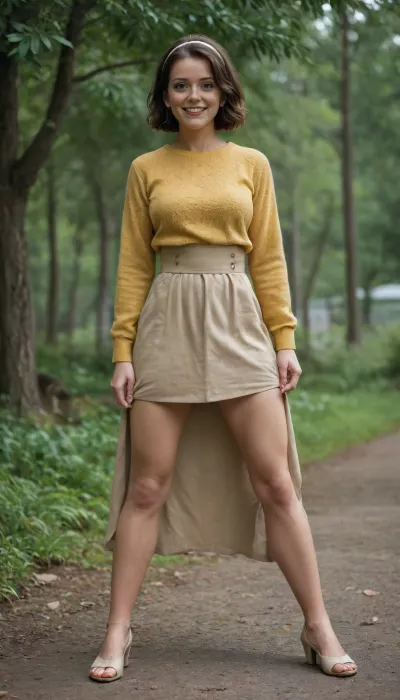 3897113, Mom, full body side view, fit cute, muscular, 40yo, Canadian, brunette, smiling, happy, exhausted, very attractive, look at the viewer, yellow wool jumper, beige heels, bob haircut, hairband, brown high waist skirt, ((standing, legs apart, skirt pulled up, waiting for intense vaginal penetration)), (natural hairy private part:1.5)
