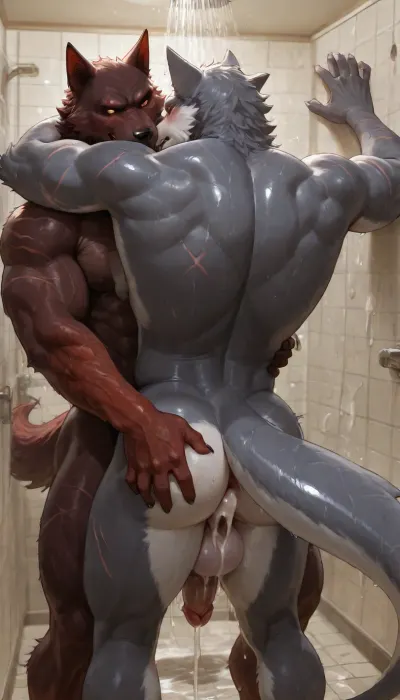 painting, realistic, anthropomorphic, muscular, submissive furry wolf, furry, back view, hell hound, single red eye, single white eye, grey fur, scar below eye, pressed against shower wall, erect penis, anal sex, cum in ass, cum on wall, long grey tail, scars on arms, being held, dominant furry male shark, handsome, large erect canine penis, large genitals, hairy chest, orgasm face, love bite, blushing, excessive cum, shower water, steam fog, gay gym shower locker room, broken used condoms on the floor, <lora:01_Vortex_:1.1>