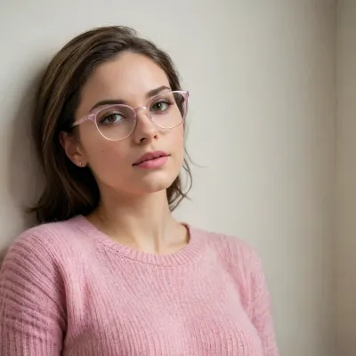 A realistic close-up photograph of a young woman with long dark brown hair reclining against a plain white textured wall, her head tilted back and slightly to her right while gazing toward the camera with a neutral relaxed expression, lips slightly parted, wearing round transparent pink-framed glasses with visible pink eyeshadow and subtle eyeliner accentuating her dark eyes, soft pink blush on her cheeks, glossy nude lips, and long dangling silver earrings in both ears, her bright lime green ribbed knit short-sleeve sweater pulled down firmly beneath her large natural breasts leaving them fully exposed in the foreground with the soft fabric bunched in natural folds across her upper chest, fair skin tone showing faint natural redness and subtle stretch marks on the breasts and torso, a small gray electrical utility box mounted on the wall visible at the far left edge of the frame, captured from a high overhead angle in a casual selfie style with soft natural indoor lighting coming from above creating gentle highlights on her skin, glasses, and the textured knit of the sweater, shallow depth of field with sharp focus on her face, and breasts while the white wall background softly blurs, vibrant yet natural color grading emphasizing the vivid lime green of the sweater against pale skin and off-white wall, individual strands of hair resting across the sweater, high-resolution detail capturing skin texture, fabric weave, and subtle reflections on the glasses lenses, shot on a modern smartphone camera with clean post-processing and no heavy filters, intimate casual atmosphere, photorealistic quality with crisp detail throughout the subject.