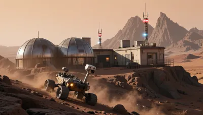an isolated Mars base under a pale orange sky, its steel domes clinging to the rocky terrain like an abandoned relic. The foreground features a rover trailing dust as it climbs a ridge, their weathered suit catching the flare of a landing thruster. In the distance, the jagged peaks of Olympus Mons rise, while the base itself hums with flashing comms towers. The art style leans into gritty cyberpunk dystopia, with dynamic shadows enhancing the lonely vibe., cinematic shot, dynamic lighting, 75mm, Technicolor, Panavision, cinemascope, sharp focus, fine details, 8k, HDR, realism, realistic, key visual, film still, cinematic color grading, depth of field.