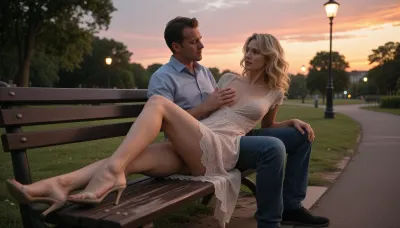 (((ultra-realistic photo taken according to all the rules of photographic composition:1.5))), (atmospheric lighting and the setting of a summer park at sunset), (beautiful sky at sunset), (the camera films from the woman's perspective), (the woman is sitting on a bench, leaning to the right and resting her body on a man's lap, her dress hem is hiked up and her buttocks are completely exposed), . A warm summer evening, it's almost dark, the streetlights are on, a park, (a man and a woman are sitting on a bench next to a path, the woman leaned to the right and rested her body on the man's lap, (her buttocks are completely exposed), the man is touching the woman's breast with his hand), ((perfect hands and fingers)), ., (Woman, 30 years old, slender, well-groomed blonde with shoulder-length curly hair, pleasant facial features, rounded, voluminous butt), (the woman is wearing a light, solid-color long lace dress with a deep neckline and short sleeves, elegant shoes with high, thin heels), ((the woman has a deep neckline on her dress)), ((large, long, erect nipples are sticking out from under the dress)), ((the woman is not wearing panties)), ((the woman has a perfect, shaved, excited vagina)), ((A man, 40 years old, wearing a shirt with rolled-up sleeves, jeans, and men's black shoes), ., ((the camera shoots a wide shot, with a panorama of the park, in the frame a man and a woman are sitting on a bench, the woman leans to the right and rests her body with her head on the man's lap, the hem of her dress is raised, her bare butt is visible, the man, sitting, touches the woman's breast under her dress with his hand), (the woman's legs are on the asphalt), ((completely bare buttocks are visible on camera)), ((ultra-realistic park)), ((ultra-realistic naked butt))))