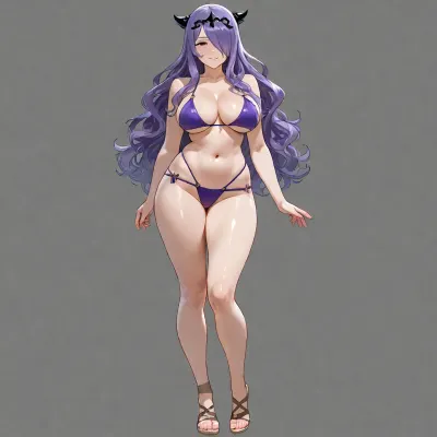 Camilla from fire emblem fates conquest, full body, smiling, Big tits, Purple bikini, Seductive smile, standing