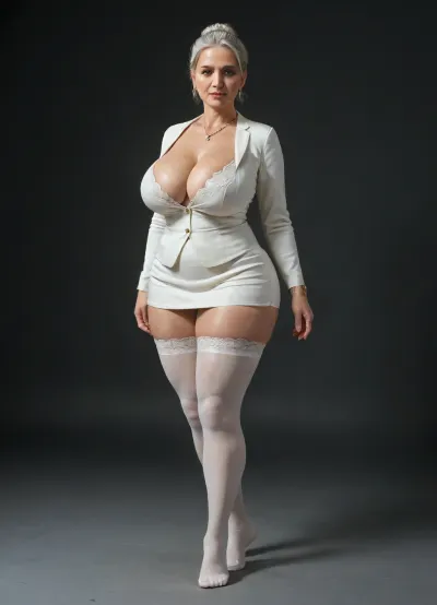gilf, mature, (milf:1.5), 55 yo, medium view, behind view, freckles, white hair, high bun, very sleek bun, black room, black background, eyes wide open, photorealistic, best quality, afterglow, 4k, ((masterpiece)), extremely detailed, 8k, Intricate, High Detail, Sharp focus, curvy, 1girl, (beautiful face, perfect eyes:1.2), (busty and curvy1.2), (thick:1.35), (thick thighs), (huge breasts:1.2), (massive ass:1.2), (wide_hips), collarbone, (white skirt), (white bra), (knee length skirt), (white blazer), (white stockings), (fully clothed:1.5), no nudity, sfw, temptation, solo_focus, (arrogant:1.4), erect nipples, earrings, bracelet, necklace, sexy thick legs, standing, front view, feet exposed, (stockings feet:1.3), ((contrapposto)), face, <lora:SDXL_BetterFaces-LoRA_v1:.6>, <lora:add-detail-xl:.6>, <lora:detailed_notrigger:.6>