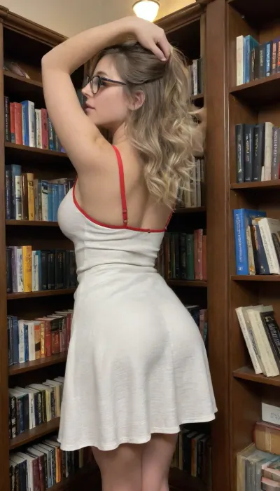 This is a digital illustration depicting the back view of a slender young woman reaching up to a bookshelf filled with various books. The woman has long, wavy platinum blonde hair that cascades down her back, ending just above her waist. She is wearing a sleeveless, white, knee-length dress with a slight flare at the bottom, which accentuates her busty figure. Her right arm is raised, stretching upward to retrieve a book from the top shelf, while her left arm hangs down by her side. The bookshelf is made of dark brown wood and is packed with books of different sizes and colors, including shades of brown, red, and black. The titles of the books are not legible. The overall style of the illustration is realistic with a slight touch of softness, focusing on the texture of the woman's hair and the fabric of her dress, as well as the detailed wood grain of the bookshelf. The lighting in the image is even, highlighting the woman's hair and the upper part of the bookshelf.
