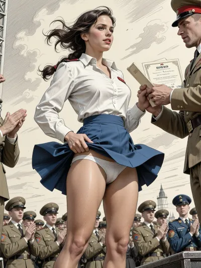 This is is a detailed monochromatic pencil drawing in a classical illustrative style depicts a scene set in USSR, in 1950s, front view, windy upskirt, viewing angle from deep down, best quality, details, high quality, beautiful 19 years old tanned woman in military school uniform standing in attention on a stage in outdoor award ceremony, windy day, blowing hair, blowing skirts, ((man in uniform hands over a certificate to woman)), (tight unbuttoned white shirt:1.3), (((white panties are visible))), ((lifted hem of extremely short wide cut blue miniskirt shows woman´s panties to some extent)), ((intensive suntan:1.5)), upskirt, (people in military school uniform applauding in background), medium brunette, deeply tanned, beautiful, attractive girl, slim body, medium sized breasts, thigh gap, ((narrow waist)), slender body, shy smile, tight pony tail, The overall mood is intense, rendered in fine, expressive line work and subtle shading, evoking the style of 1950s satirical or moralistic illustrations.