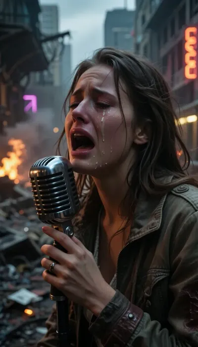 A cinematic still from a post-apocalyptic film, a beautiful, emotional woman, weeping, sings passionately into a vintage microphone, tears on her face, her expression reveals unbridled grief and strength, in the background — a gloomy, ruined city with smouldering neon lights, toxic fog, dramatic three-dimensional lighting, photorealism, 8K resolution, depth of field, (a masterpiece), .
