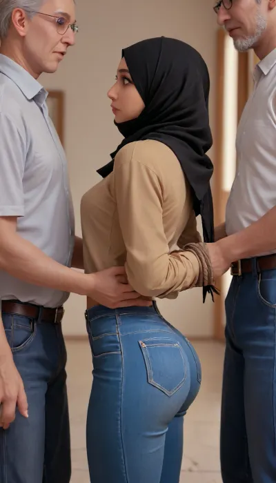 ((side view)), (1man + 1girl), cute 18 years Algerian woman, ((hands tied in the back)), small body, (tight jeans), (round bubble butt), (dark tanned skin), cute face, innocent face, (long black hijab-scarf), (caught by force and molested), ((tall, old man groping her ass)), by force, back view, fully clothed, <lora:Ass_Pants_XL:1.7>, <lora:flat_chested_v3.5:1.1>, <lora:bottomheavy_v1_sdxl_LoRA:1>, <lora:RMSDXL_Photo:2>, <lora:Beautify-Supermodel-SDXL:1.9>