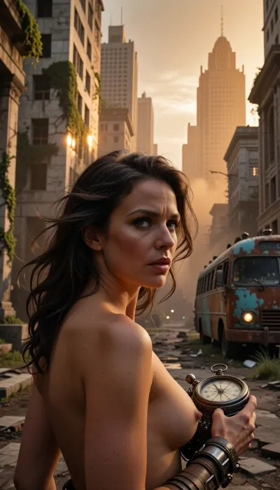 A medium shot of a vibrant, strong woman in her thirties with exceptionally detailed facial features, expressive skin dusted with a layer of dust, and hair blowing in the wind, she stares intently off-camera. She stands in the middle of a majestic, abandoned avenue in a post-apocalyptic metropolis, where imposing Brutalist skyscrapers are dramatically reclaimed by glowing bioluminescent moss and wild ivy. In the background, the soft light of the ‘golden hour’ filters through thick orange smog and a derelict, rust-covered bus, half-buried in the ground. She slowly turns her head towards the camera, a barely perceptible spark of hope in her eyes, and raises an old mechanical pocket compass, faintly glowing, with a shallow depth of field and anamorphic glare.