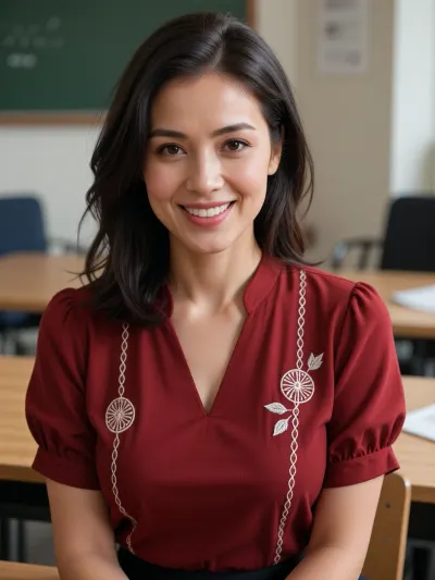 masterpiece, best quality, photorealistic, ultra realistic 8k raw photo, beautiful East Asian woman in her early 30s, exact same face as reference with high fidelity, shoulder-length dark brown hair slightly wavy and parted to the side, soft natural strands framing her face, large dark brown almond eyes, well-defined natural eyebrows, small refined nose, full lips with natural color, bright warm smile showing clean white teeth, fair to light medium skin with realistic pores and soft texture, wearing a traditional-style deep red maroon blouse with short puffy sleeves, white embroidered vertical chain-like patterns, circular motifs and small leaf-shaped embroidery on the chest and sleeves, V-neck with a small central slit, upper body portrait, sitting pose, looking at the viewer with a friendly and radiant expression, soft indoor lighting, wooden desk in the foreground, blurred office or classroom background, highly detailed skin, realistic fabric texture, sharp focus on face and embroidery details, perfect anatomy