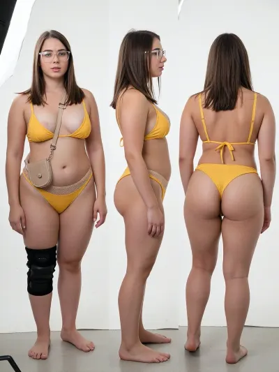 RAW photo, studio setup of three full-body shots of the same woman placed side by side against a plain solid white wall. Front view, side view, and back view of the same girl, displaying full body proportions. Fair-skinned heavily built plus-size woman with a thick round belly, wide hips, and thick thighs. She has shoulder-length brown hair, wears glasses, and is wearing a yellow bikini set with a beige mesh waistband and a small beige crossbody purse strap across her chest. Black knee brace on her left knee. Her arms are hanging down relaxed at her sides, hands empty, no phone. Neutral standing pose. Realistic raw unretouched skin texture, visible abdominal folds, soft belly pouch, natural flesh tones. Amateur indoor flash photography, stark lighting, white background, photorealistic.