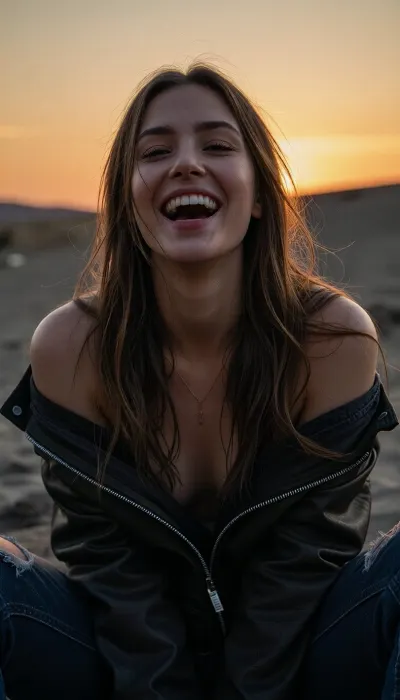 Masterpiece, ultra realistic cinematic editorial photography, authentic lifestyle photography realism. Premium full-frame Canon photography, 800-mm cinematic lens, shallow depth of field, subtle analog film grain. Ultra low-key warm golden sunset lighting, dramatically underexposed cinematic illumination, laughing on the moon surface