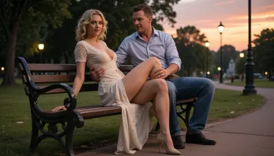 (((ultra-realistic photo taken according to all the rules of photographic composition:1.5))), (atmospheric lighting and the setting of a summer park at sunset), (beautiful sky at sunset), A warm summer evening, it's almost dark, the streetlights are on, a park, (a man and a woman are sitting on a bench next to the path, the woman is playfully leaning heavily to the side towards the man, (her buttocks are completely exposed), the man is touching the woman's breast with his hand), ((perfect hands and fingers)), ., (The woman is 30 years old, a slender, well-groomed blonde with shoulder-length curly hair, with pleasant facial features, a rounded, voluminous butt), (the woman is wearing a light, plain long lace dress with a deep neckline and short sleeves, and elegant shoes with high, thin heels), ((the woman's dress has a deep neckline)), ((large, long, erect nipples are sticking out from under the dress)), ((the woman is not wearing panties)), ((the woman has a perfect, shaved, excited vagina)), ((the woman has a shaved bikini area)), ((A man, 40 years old, wearing a shirt with rolled-up sleeves, jeans, and men's black shoes), ., ((an ultra-realistic erect penis of a man)), ((the camera takes a long shot, with a panorama of a park, in the frame a man and a woman are sitting on a bench, the woman is sitting on the bench, leaning towards the man, the hem of her dress is raised, her bare buttocks and vagina are visible, the man is sitting, touching the woman's breast under her dress with his hand), ((the woman's bare buttocks and vagina between the buttocks are completely visible)), ((ultra-realistic park)), ((ultra-realistic intimate scene))))