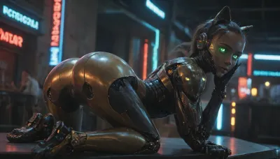 gold and black robotic catgirl, (robotic face:1.4), (smooth metalic skin:1.5), (robotic body:1.7), (glowing green eyes:1.6), cyber bar, neon lights, (she is getting her ass rim by a guy)