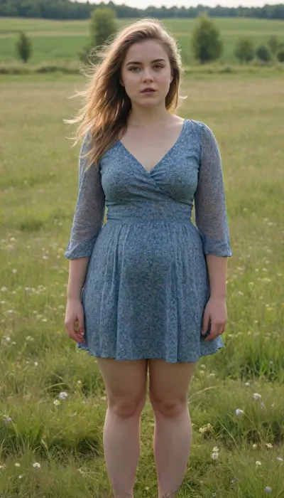 Young fat girl with a small round butt in a short blue floral summer dress stands in a meadow, the breeze lifts her skirt and reveals her naked hairy pussy, front view, full body view